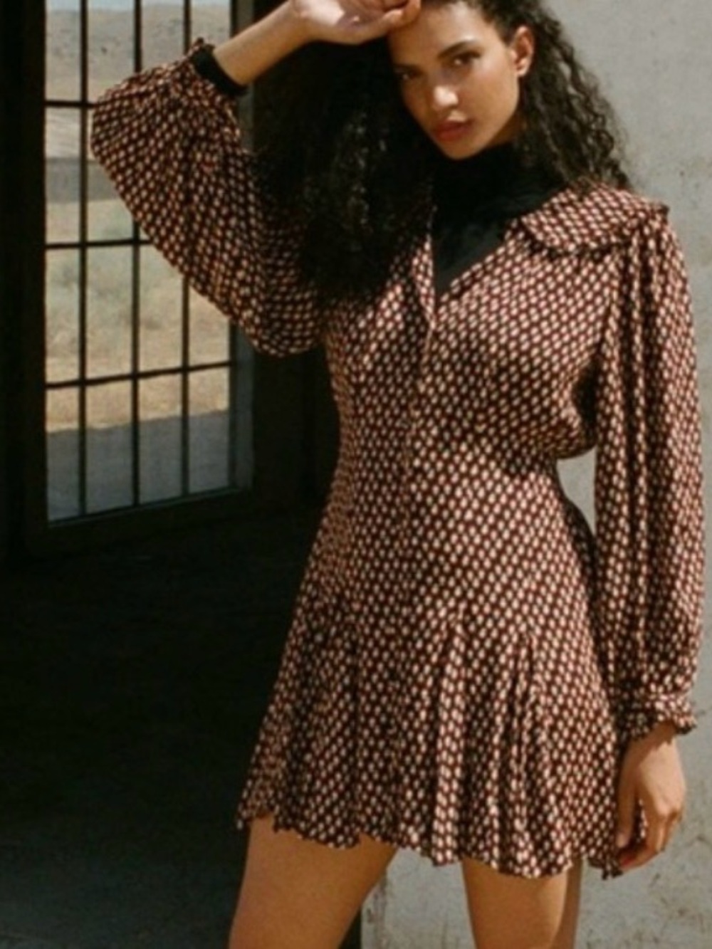 Long-Sleeve Floral Print Mini Dress in Brown and Cream